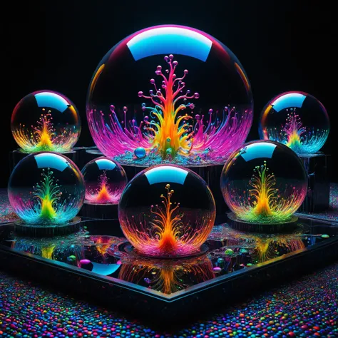 Within a black abyss Intense bright, colorful, perfectly symmetrical glass globes criss crossed back and forth with different colors of laser lights covering the circumstances of the globes and contrasting the glowing light of acidzlime within the glass. S...