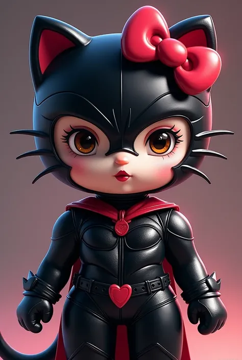  Create image 

Facial features :  Hello Kitty, an elegant face with expressive brown eyes and deep red full lips..

outfit:  A dark and stylized costume inspired by the aesthetics of Catwoman ,  but with unique details such as patterns that remind of Hell...