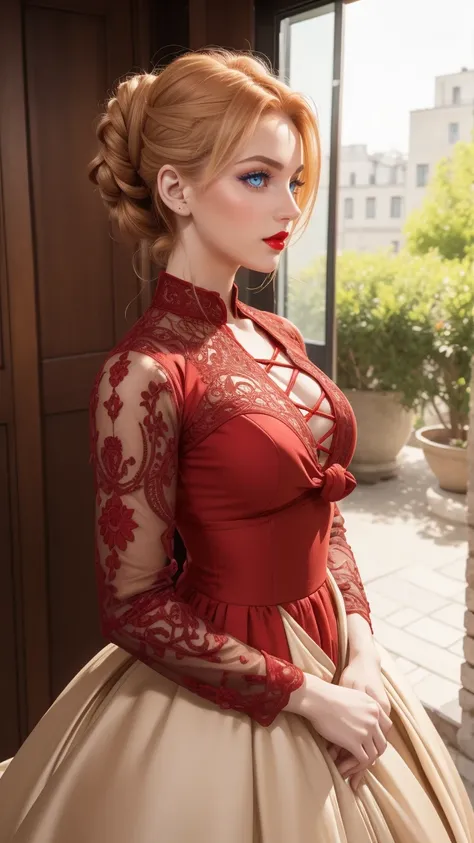 day time,(red and blonde tied hair),(intricate updo hair), pale skin,normal poor clothes,whole body image,modest clothing, wearing a fancy biege dress