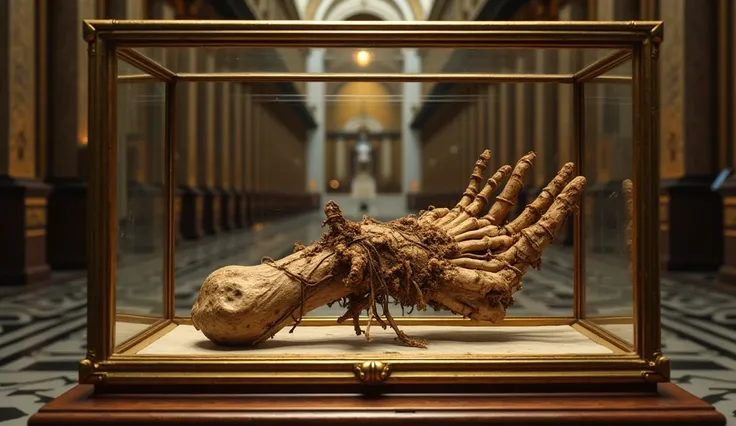 A religious relic that is the very detailed weathered bones some decomposed skin and Sinew of john the baptist hand mounted a glass and gold display case in the vatican