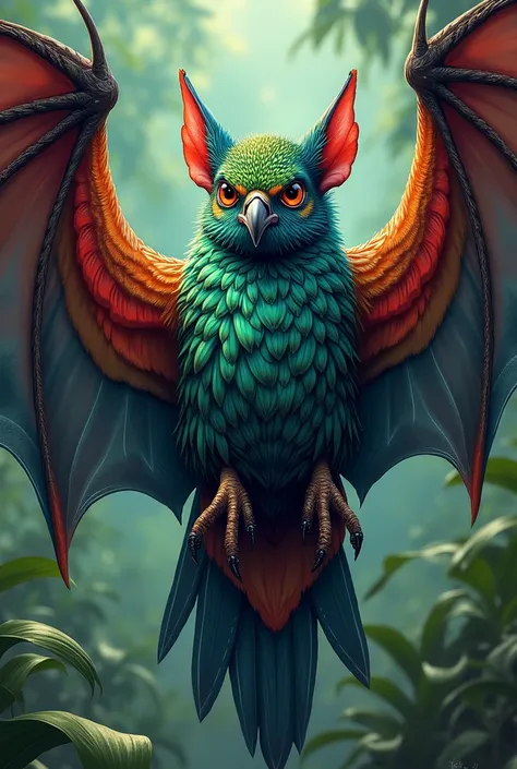  Realistic colorful comic art style image of a very proud bat with the plumage of different birds, with quetzal feathers , hummingbird, owl. and more.