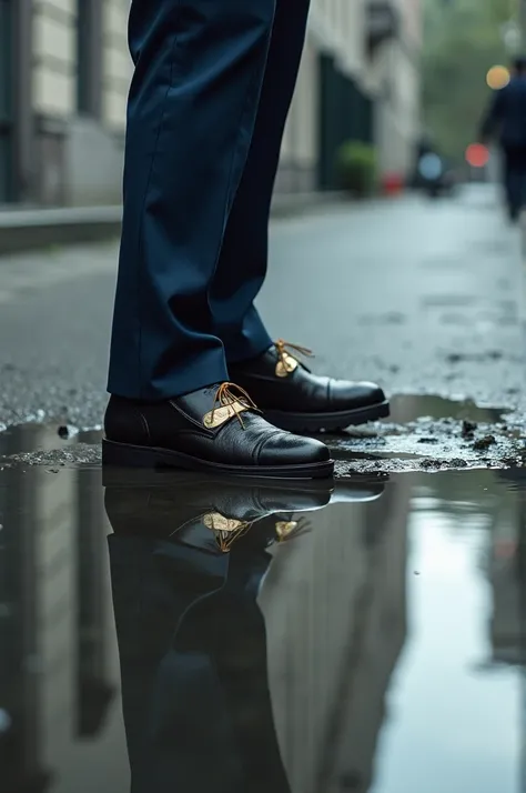 air force stepping into a puddle of water with the reflection of a broken shoe