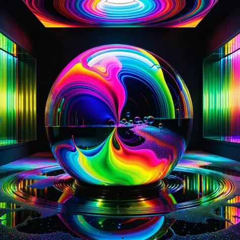 Within a black abyss Intense bright, colorful, perfectly symmetrical glass globes criss crossed back and forth with different colors of laser lights covering the circumstances of the globes and contrasting the glowing light of acidzlime within the glass. S...