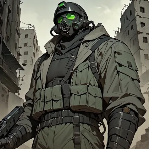 masterpiece, newest, absurdres, safe, high detailed, masterpiece. high detailed, male, Male, black helmet, green lenses gas-mask, grey coat, black shirt, and baggy cargo pants. Faceless, mechanical features like mask and limbs. Post-apocalyptic ruined city...