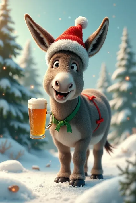 A donkey wearing a Christmas hat carrying beer marks on its back 