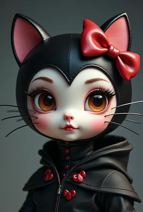  Create image 

Facial features : A face combined between Hello Kitty and an elegant human being with expressive brown eyes and deep red full lips.

outfit:  A dark and stylized costume inspired by the aesthetics of Catwoman ,  but with unique details such...