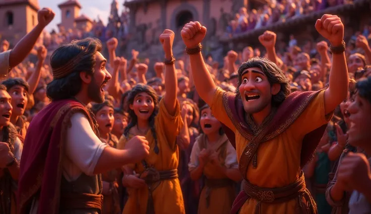 Cinematic Realistic, 4K, Disney Pixar Style,  Cartoon - A crowd of Israelites with angry faces,  raising their arms and showing frustration . Joshua,  with a grave and serious expression , Try to calm the people . In the background,  the tent of the pact i...