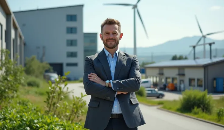  detailed 4K image of a modern recycling factory, with Hendri confidently standing in front of it. He is dressed in business attire, holding a product made from recycled materials, like a stylish eco-friendly chair made from plastic waste. The factory behi...