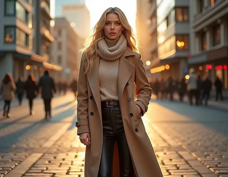 Create a captivating and sensual image of a woman on a mild January morning in a vibrant cityscape, rendered in stunning 8K Ultra HD and full color. She’s dressed stylishly in a chic winter outfit — perhaps a long, tailored coat with a soft scarf and elega...