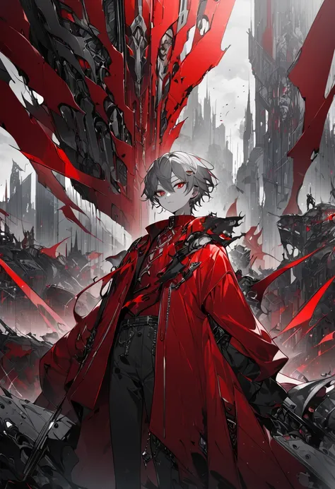 a vampire king with short gray hair, androgynous body, wearing stylish clothes in a predominant red color, carries two futuristic pistols in addition to a tattoo of a number and the number 18 indicating that he is the eighteenth king, behind him a destroye...