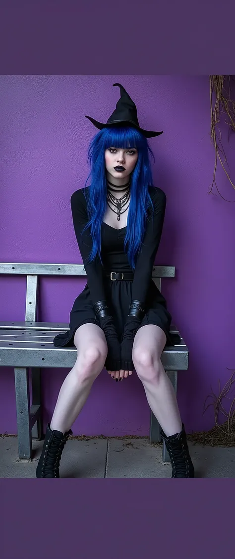  In the professional realistic photography style a young woman dressed as a witch is sitting shyly on a metal bench against a purple wall her hair is blue she wears a gothic outfit including a black top and a short black skirt with black boots, some neckla...