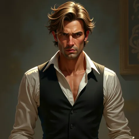  The man in the scene has a look that reflects intensity and classic elegance .  her hair is brown blonde ,  slightly messy ,  framing marked features and a defined jaw that reinforce his dominant presence.  He wears a formal outfit consisting of a light-c...