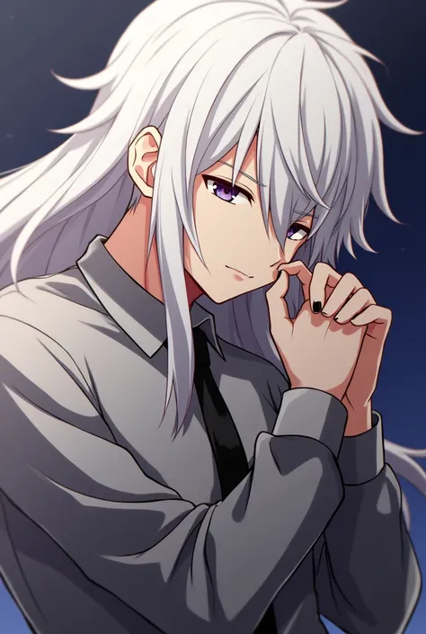 Anime image of a man with long hair and white hair being fucked.