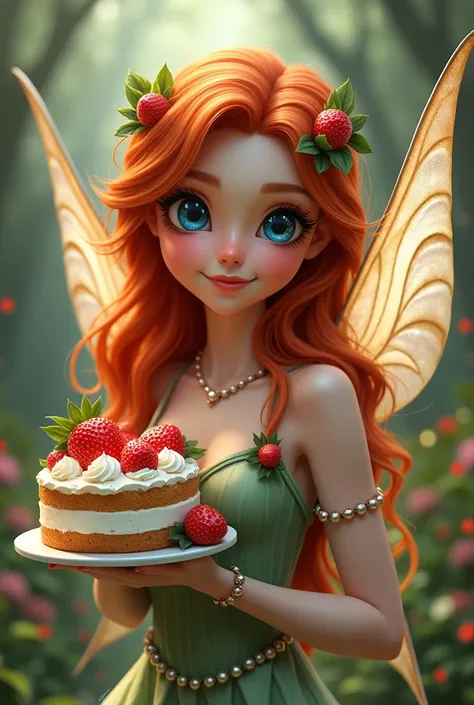 Redhead fairy with blue eyed holding a strawberry cake 