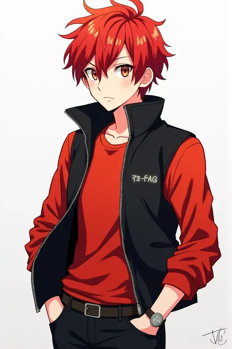 red hair light Brown eyes black vest with red shirt anime boy cool 