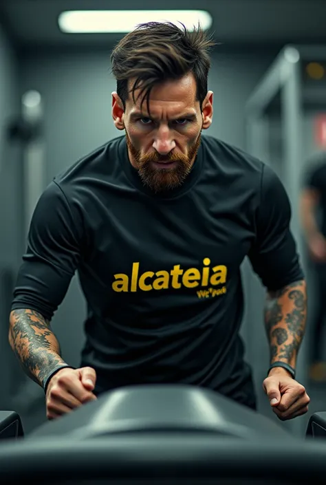  An image of Messi in black workout clothes written Alcateia in yellow, working out or running on a treadmill with an intense focus .  The background should show a gym or training facility ,  emphasizing your dedication and determination to recover .hyper-...