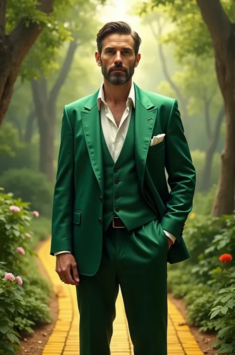 A 30 year old Italian man with dark brown hair and brown eyes. He has a large forehead and some facial hair. He has a long face and slightly chubby. He is wearing a green emerald silk suit with white socks showing with black loafers.Behind him is a beautif...