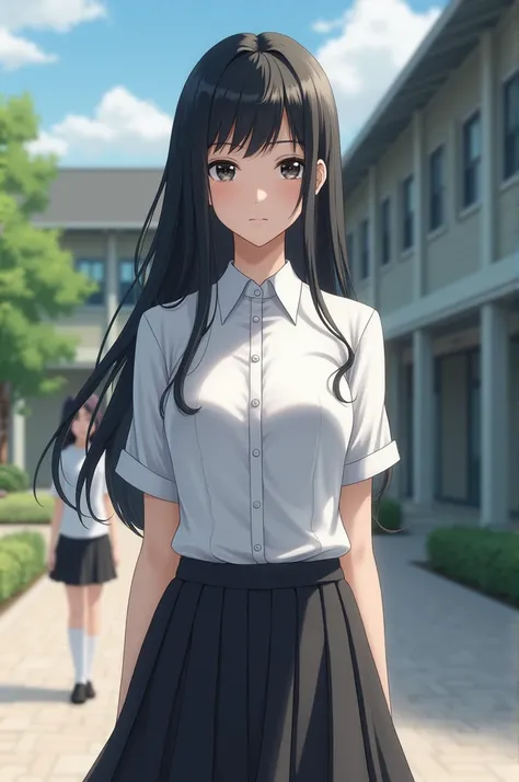 Asian girl with oval face, long black hair, flaunting black eyes, straight, wearing a white dress, symmetrical shape, standing in front of the school, wearing a school dress, wearing a white shirt, a black skirt, black shoes, wearing white socks, with a sc...