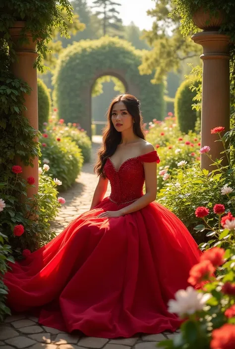 A woman dressed in a red wedding dress is sitting in a very beautiful garden