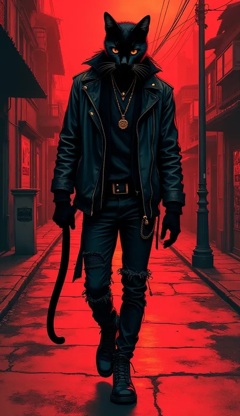 The image shows a red and black ink illustration of a handsome black cat in human form, black leather jacket, punk outfit, high punk boots, walking very pensive and sad on a night street in Bogota. Super resolution, super quality.
