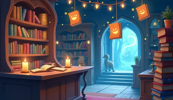 
“A magical bookstore illustrated in a whimsical, like style, with warm blue and brown tones. Thick, enchanting spellbooks with glowing symbols are stacked neatly on wooden shelves that curve playfully toward the ceiling. A sturdy wooden counter sits at th...