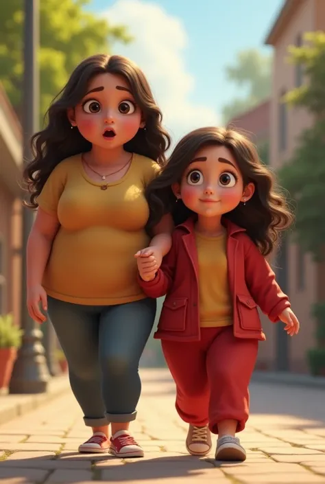 His mother walking with a very fat brown-haired 16-year-old girl, dark , long and wavy black eyes , big ,expressive.  
  oval face with small nose and big mouth loose red clothing  . in animated