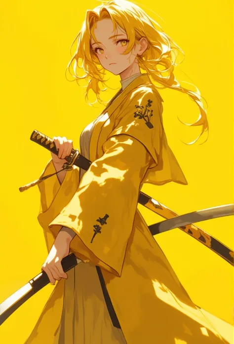  girl holding katana, yellow jacket , yellow hair , beauty , elegant , yellow background