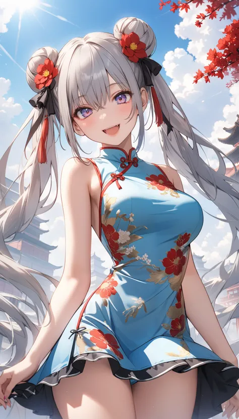 (nsfw:1.5), 1girl, solo, sexy girl, 18 years old, long hair, looking at viewer, happy, hair ornament, hair between eyes, bare shoulders, twintails, Floating hair, large breasts, (cowboy shot:1.5), grey hair, hair ribbon, :d, detached sleeves, hair flower, ...