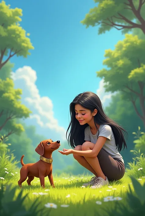  I would like an image of a female tutor with long black hair and a very small caramel pinscher dog running on the green grass with a very blue sky and lots of trees, I wanted to see them playing but in the background of the happy image , My dog is a very ...