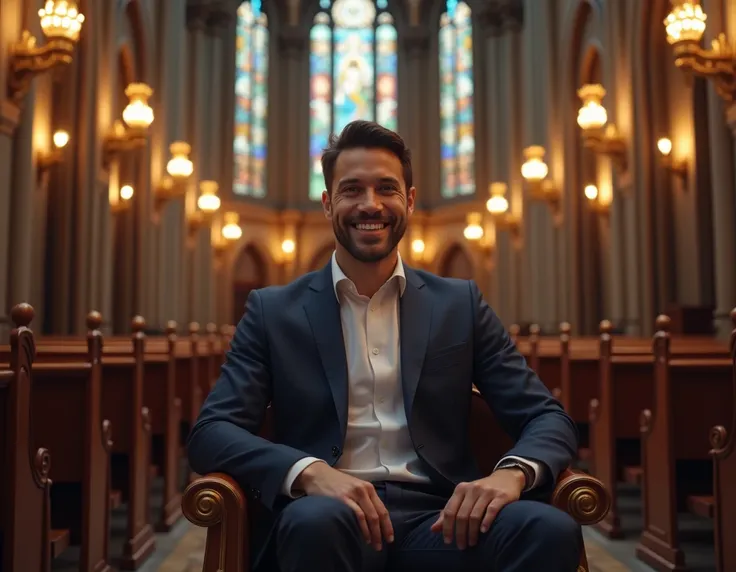 A man in a smiling suit sitting in the full church