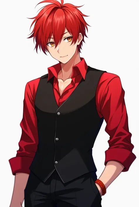 red hair light Brown eyes black vest with red shirt anime boy cool pose