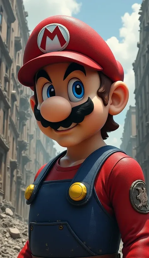 Un personaje inspirado en mario,  but adapted to the drawing style of Attack on Titan  (shingeki no kyojin),  with a darker and more realistic approach . mario tiene una expresión decidida,  with intense eyes and a more mature face .  His red suit is more ...