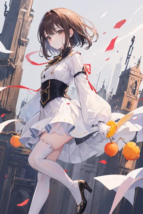 Anime, boy, feminine, cute, curvaceous, thin body, petite height, short straight brown hair, brown eyes, white long sleeved blouse, white high-waisted skirt, all white dress, button-up dress, black thigh high stockings, white satin gloves, apricot heels, h...