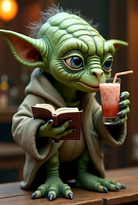  There is a statue of a green creature holding a drink and a book,  Android Jones  ,  zbrush central contest winner , Process Art,  alien drinking horchata ,  Yoda fantasy art portrait , At the pub, Goblins, Realistic fantasy pictures , drak fantasy Goblin...