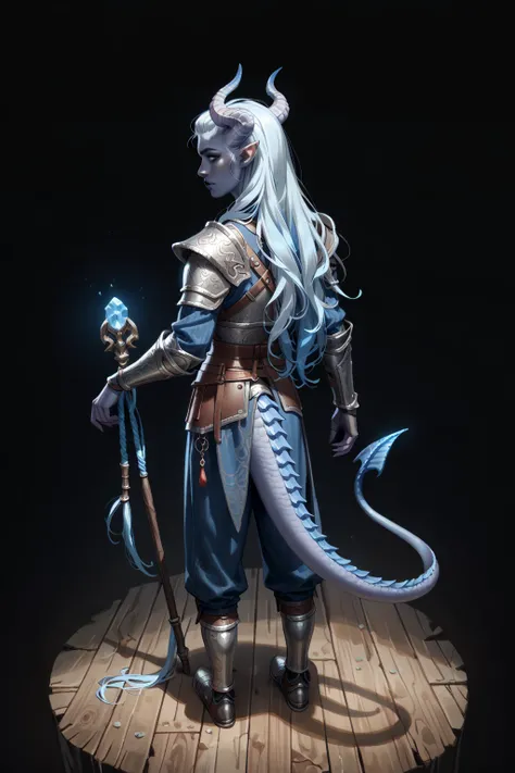 ( A sprawling cedar is growing ),  stands next to each other on land  (1Тiefling ,  dark blue-gray skin :1.4), ((((very thick long tiefling dragon tail)))), ((long dark blue flowing hair)) ,  ((The pigmentation on the face ))) , ((bright blue-grey pupils, ...