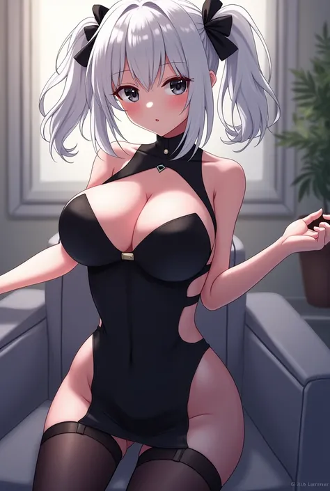  An anime-style character , White hair tied on both sides, big breast , two short Maria s , with small black ribbon on the head , black eyes,  along with visible eyelashes  ,  a black hot dress with black stocking 