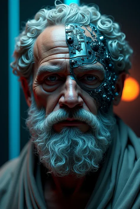 A frontal close-up of Socrates face, depicted as a cybernetic philosopher. Socrates is portrayed with his classical features, including his signature curly hair, full beard, and calm, wise expression. One side of his face is enhanced with glowing circuits,...