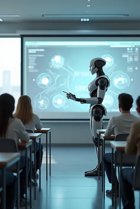 Robot alone stands in the future classroom near a TV with a pointer and teaches adults at their desks 