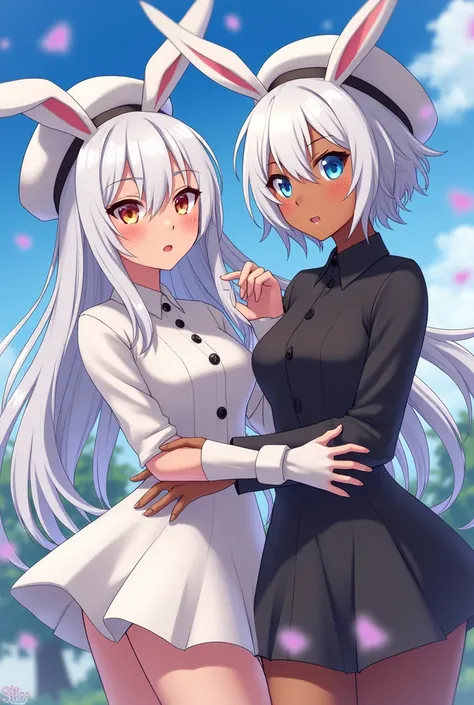 female brown skin, long white hair, white hat and white bunny ears, white clothes and male skin, brown skin, short white hair, black clothes, white hat and white bunny ears anime version