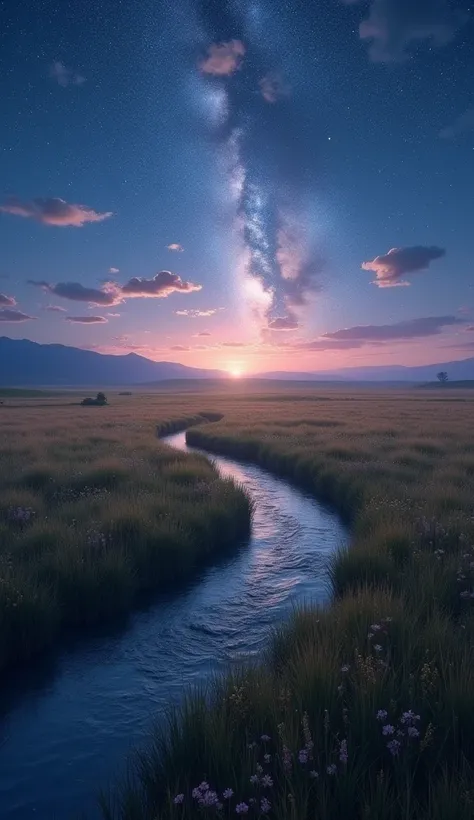 A vast, open field under a twilight sky, with the 12 zodiac symbols glowing softly across the horizon. The sky transitions from deep blues to the soft pinks and purples of the setting sun. A river winds gently through the meadow, its surface reflecting the...