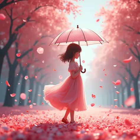 1girl(holding umbrella(transparent,(mass amount of petals decorate umbrella:1.3))), (mass amount of petals filling in the air:1.5). petals cover ground. minimalism, simplism. BREAK .quality(8k,wallpaper of extremely detailed CG unit, high resolution, top-q...