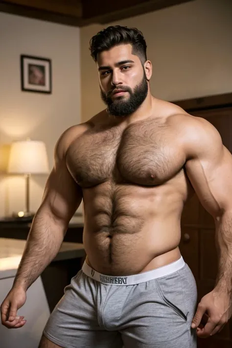 3 men ,     Kissing each other only in underwear ， full body photo of a man with a handsome body, thick, thick beard    , Middle Easterners (    Very Messy Short Hair    :1.1), (  1  .1), (    then holding hands in the pocket     :1.1), (  ,  Strong  、  St...