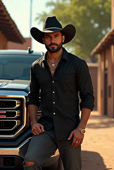 Creates a realistic image of a 26-year-old Mexican man, with a short, well-groomed black beard, wearing a black cowboy hat, a tight black shirt and a gold chain visible around his neck. The man is getting out of a black GMC, parked on a dusty street in a M...