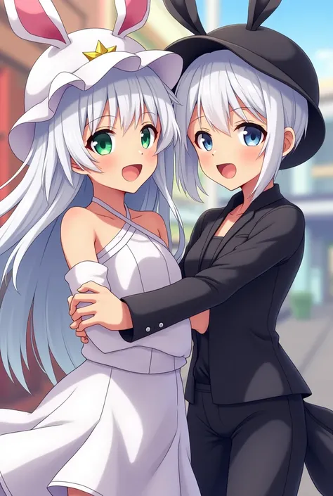 female brown skin, long white hair, white hat and white bunny ears, white clothes and male skin, brown skin, short white hair, black clothes, white hat and white bunny ears anime version