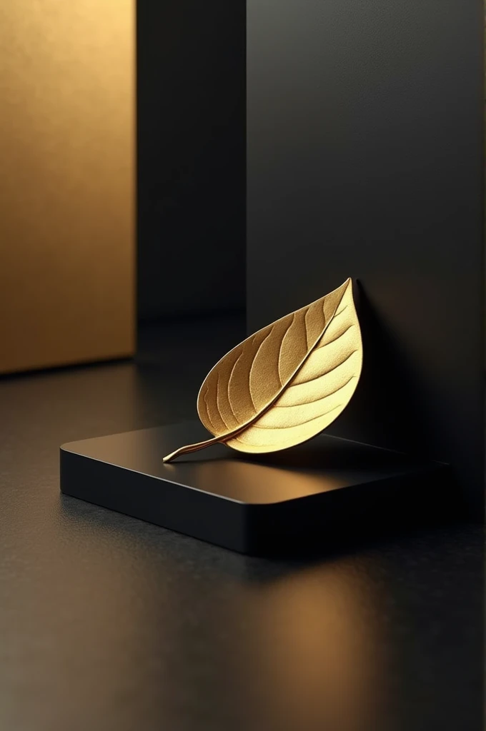 The smooth surface background is black, gold and silver.
In the middle there is a golden-colored olive leaf.