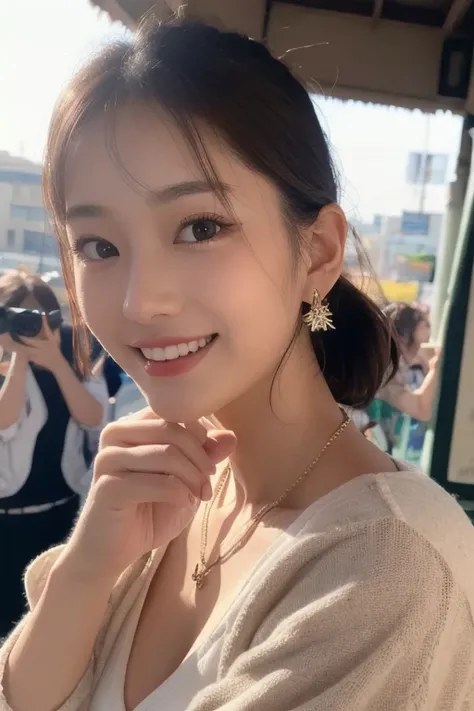  Inhaling Eyes , cute double ,  a woman hugging her favorite stuffed animal at a park near the sea, small animals, Inward-curling short hair,  hair ornament,  ponytail,  clothes chosen for a date , Talented , Kind personality,  woman who is very particular...