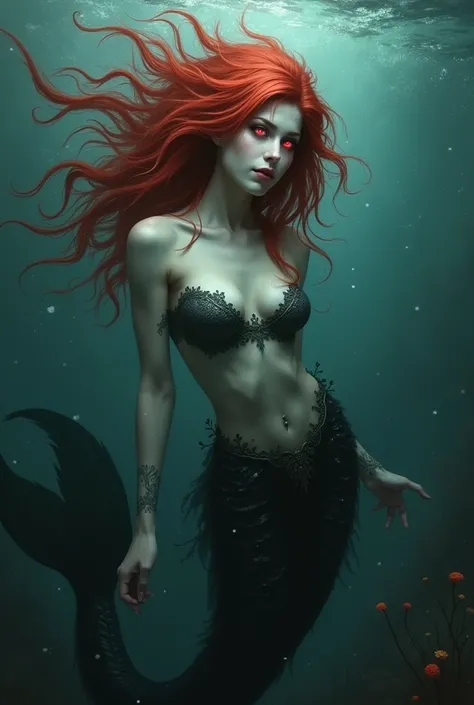 Mermaid redhead gothic red eyes sharp teeth black tail smiling underwater 