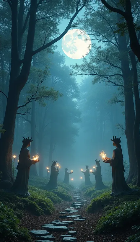 A mystical, moonlit forest where the 12 zodiac signs are represented by ancient statues of gods and goddesses, each symbol glowing with its elemental color. Ethereal creatures, like unicorns and phoenixes, wander through the clearing, and beams of silver l...