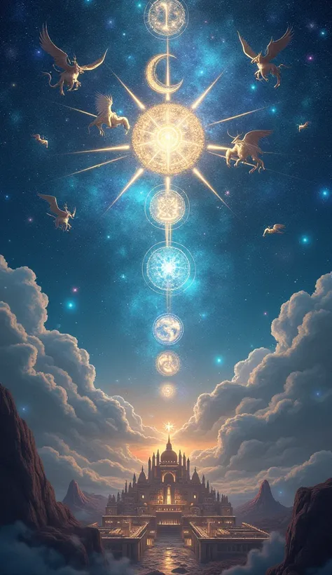 A cosmic sky filled with constellations and swirling nebulae, where the 12 zodiac signs appear as mythological deities, each surrounded by celestial beings and creatures—dragons, griffins, and winged horses. Their glowing symbols shine brightly in the nigh...