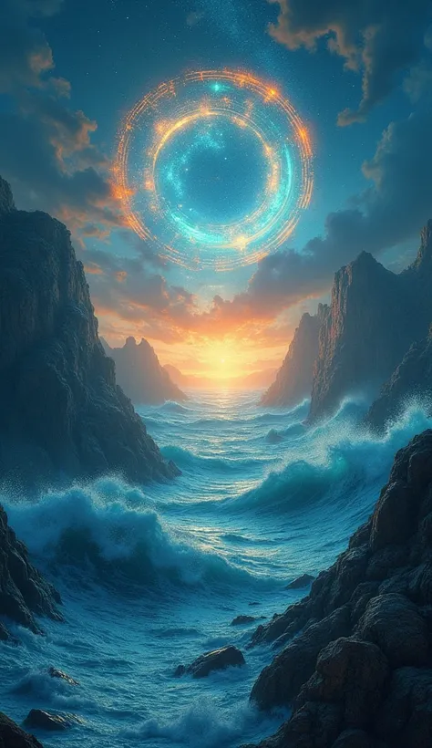 A mythical ocean at twilight, where the 12 zodiac signs are represented as gods and creatures from ancient legends, rising from the waves. Each symbol glows in its element—water deities rise from the ocean’s depths, earth gods stand on mountains rising abo...